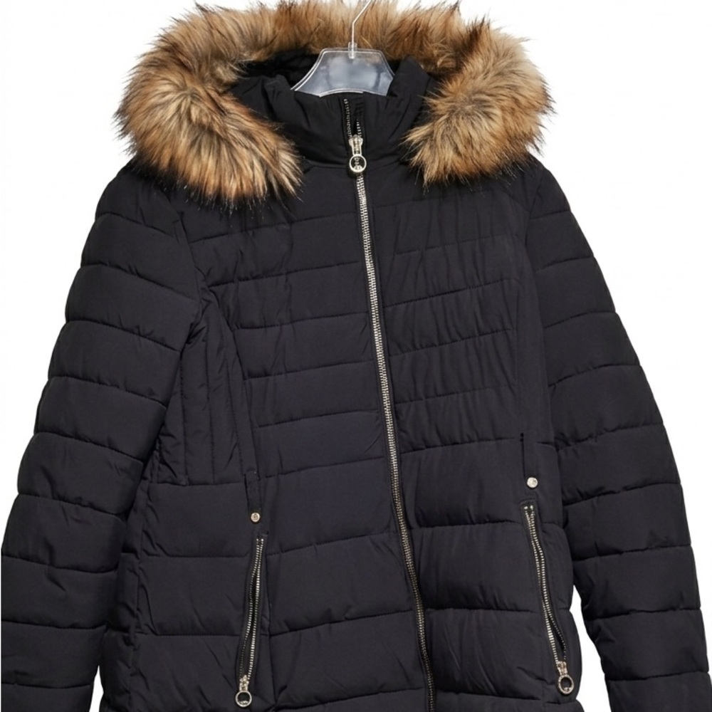 Laundry By Shelli Segal Black Puffer Coat with Faux Fur Trim